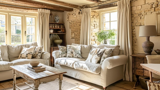 Estilo de cabaña de Cotswolds sala de estar sala de estar diseño de interiores y casa de campo decoración del hogar sofá y muebles de salón estilo de campo inglés