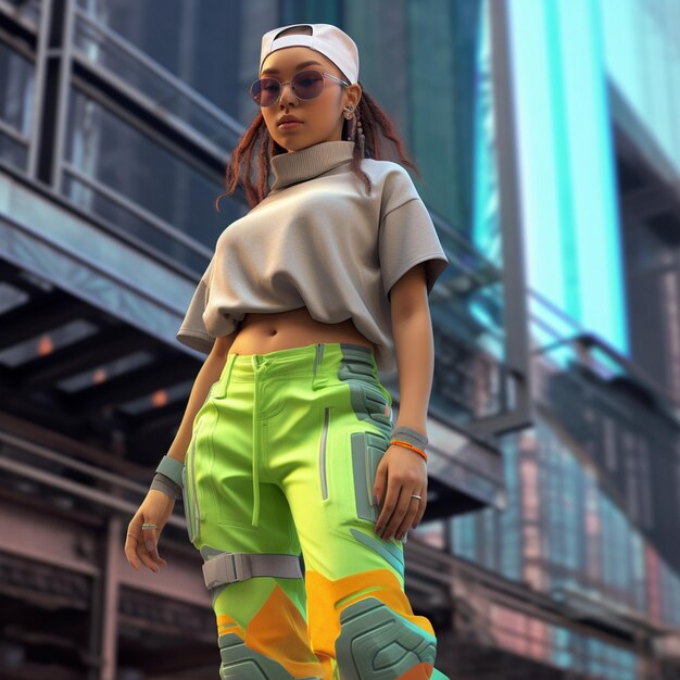 Estilo callejero foto de cuerpo entero de una mujer ciudad cyberpunk