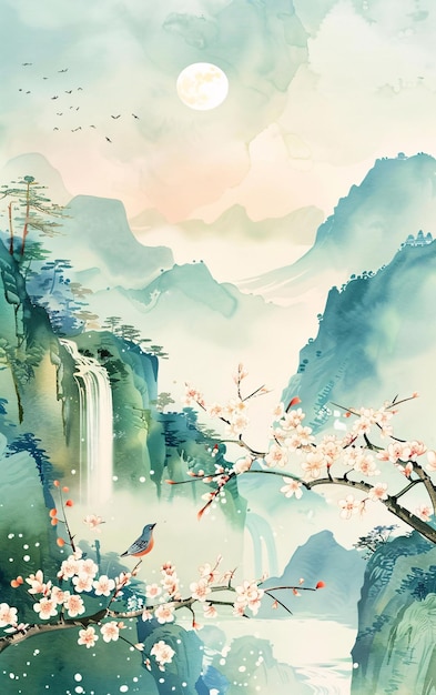 estilo chinês concepção artística tinta pintura de paisagem estilo chinês tinta verde cena de montanha mal