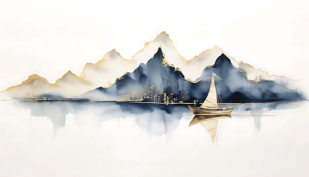 Estilo chino de montañas distantes tinta paisaje pintura tinta pintura oro azul gris paisaje