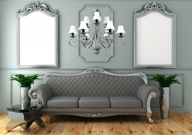 Estilo clásico de lujo de la vida interior, pared gris de decoración en el piso de madera, representación 3D