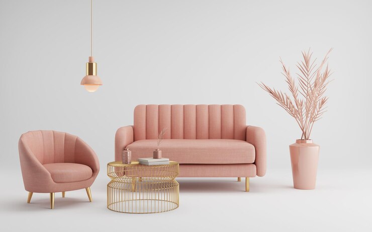 Estilo clásico moderno con sillón rosa y mesa dorada sobre fondo blanco.