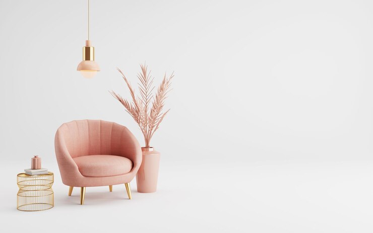 Estilo clásico moderno con sillón rosa y mesa dorada sobre fondo blanco.
