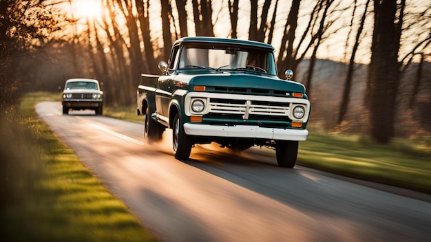 Estilo clásico retro vintage 4x4 jeep clásico británico SUV movimiento mientras acelera a través de Sunset Avenue