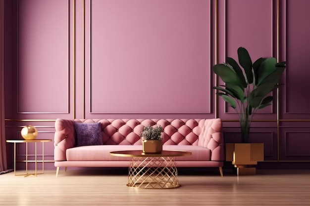 Estilo clássico moderno com sofá rosa e mesa dourada em fundo roxo gerado pela IA