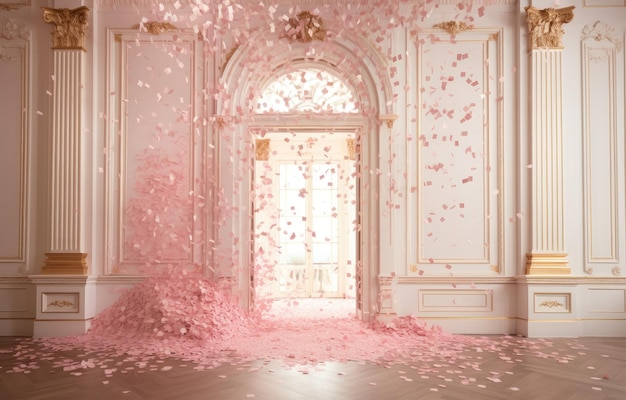 Estilo clássico moderno cor-de-rosa salão branco e porta de arco de luxo fundo com queda fundo de confete rosa