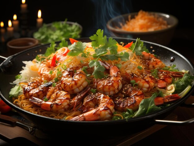 ESTILO Close-up GÊNERO Asiático EMOÇÃO Picante CENA Camarão e macarrão sendo segurados sobre um steami