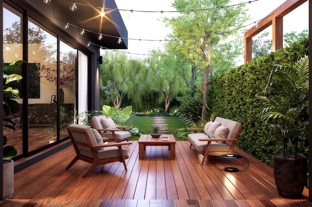 Estilo contemporâneo moderno pequeno terraço de madeira com vista para o jardim renderização 3d