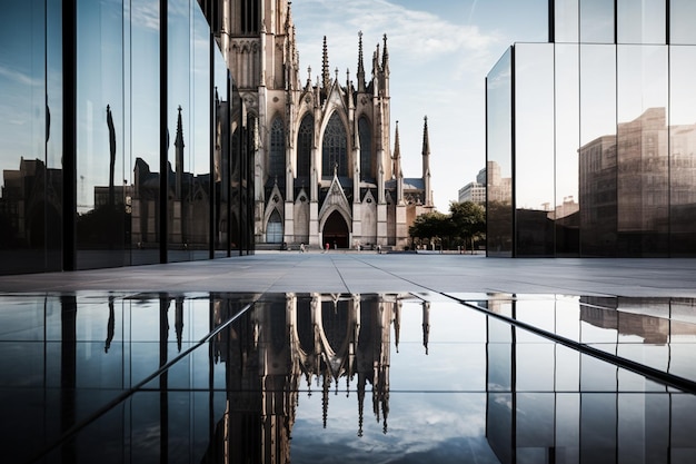Un estilo contrastante de la antigua catedral reflejado en el edificio de vidrio moderno