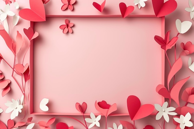 Estilo de corte de papel del marco conceptual del día de San Valentín con fondo de corazón y flor