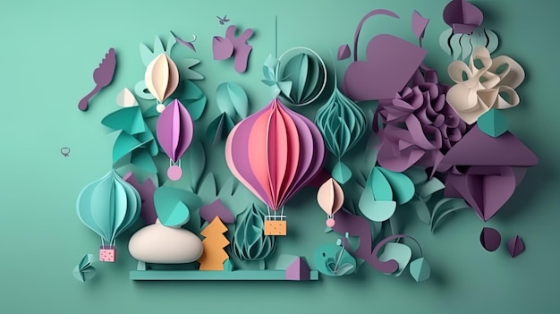 estilo de corte de papel de tarjeta de invitación de corte de papel 3d para ilustración de fiesta de feliz cumpleaños