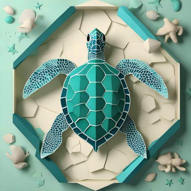 Estilo de corte de papel tortuga marina majestuosa en tonos de azul y verde