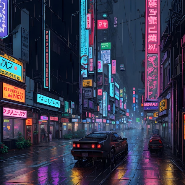 El estilo cyberpunk de la calle neo-tokyo bajo la lluvia