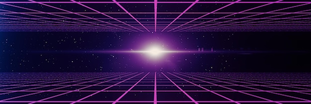 Estilo cyberpunk retro dos anos 80 SciFi Fundo futurista com paisagem de grade de laser