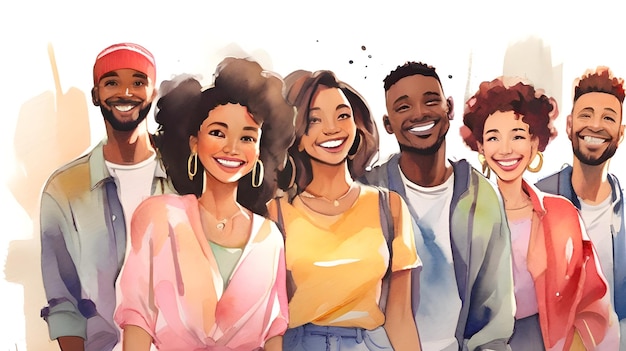 Foto estilo de aquarela uma reunião alegre e sorridente de amigos diversos de várias etnias e culturas