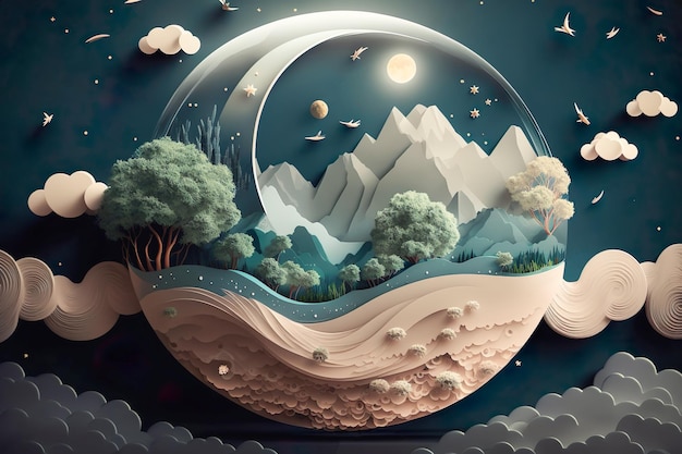 Estilo de arte de papel 3D Nuvens fofas modernas e estrelas na lua da meia-noite Ilustração de corte de papel Gerar Ai