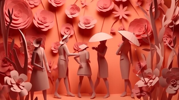 Foto estilo de arte em papel especiais do dia das mulheres com mulheres de diferentes molduras de flores ia generativa