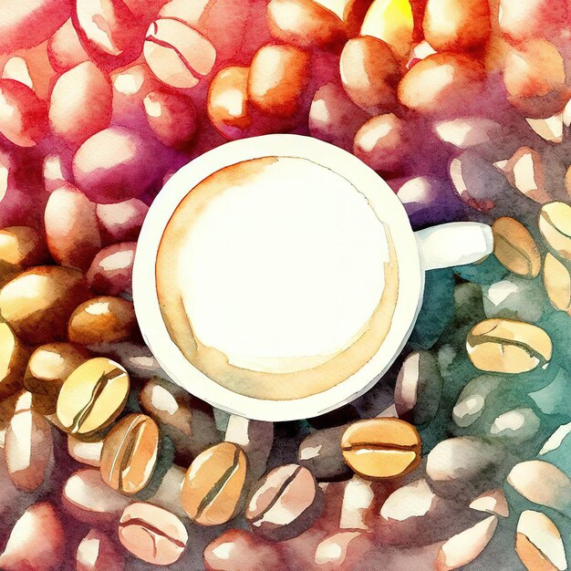 estilo de arte plana de grãos de café em aquarela em branco brilhante e vibrante com AI