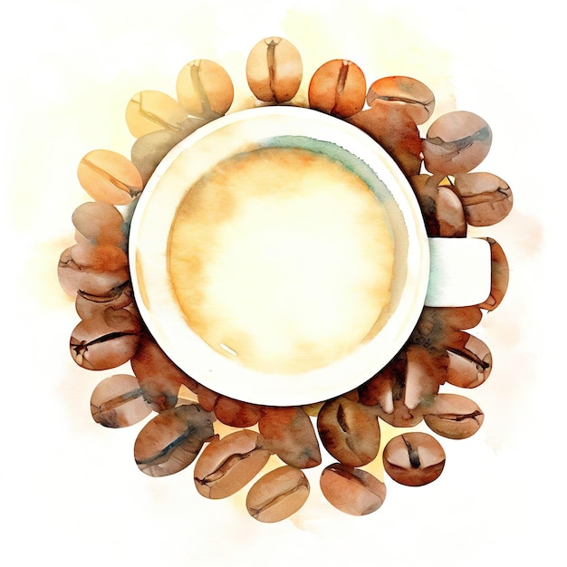 estilo de arte plana de grãos de café em aquarela em branco brilhante e vibrante com AI