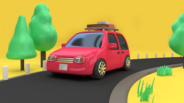 estilo de carro vermelho dos desenhos animados na estrada rural e muitos natureza árvore renderização em 3d