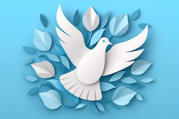 Estilo de corte de papel Arte de papel do Dia Internacional da Paz Pombo branco voando com flores em fundo azul Gerar Ai