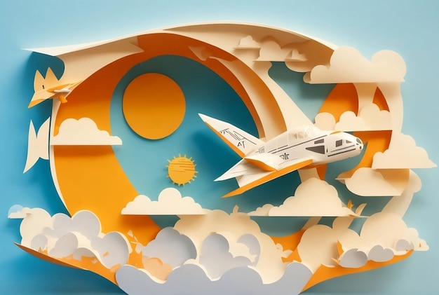estilo de corte de papel de avião voando nuvem sol fundo de cor azul escuro Ilustração IA geradora