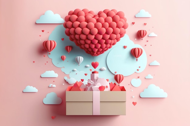 Estilo de corte de papel dia dos namorados com balão de coração e amor Generative Ai