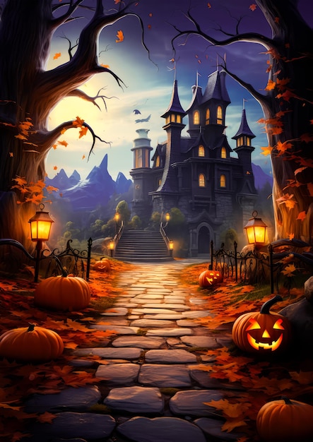 Estilo de desenho animado 3d assustador da noite de Halloween com fundo de abóbora e mansão para banner de potrait