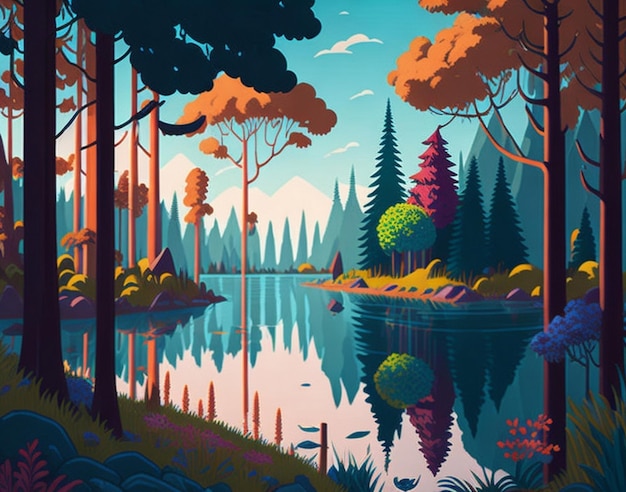 Estilo de desenho animado da selva Cena da floresta com lago e árvores Paisagem natural fundo AI Gerado