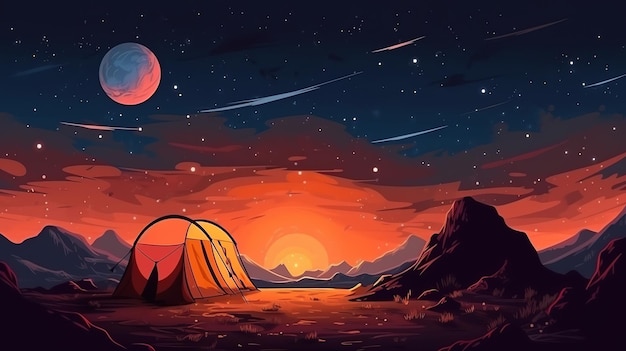 Estilo de desenho animado Imagem de uma bela paisagem com um acampamento com uma barraca ao pôr do sol Gerado ai