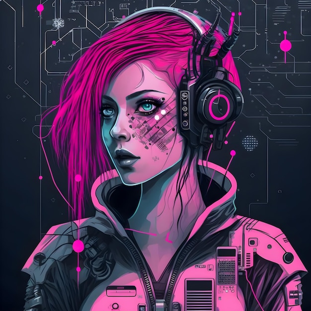 Estilo de engenharia de projeto esquemático de mulher cyberpunk