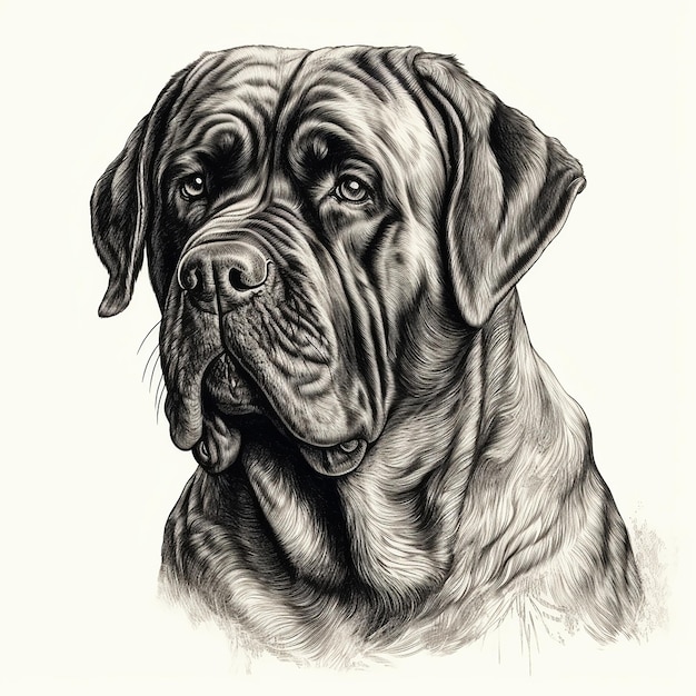 Estilo de gravura de mastiff inglês retrato em close-up desenho preto e branco cão corajoso