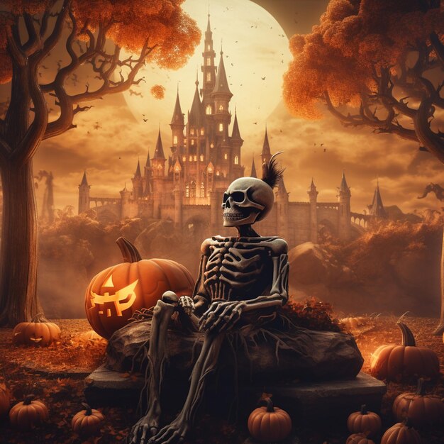 Estilo de Halloween Um esqueleto sentado ao lado de uma grande árvore com um castelo atrás dele tom laranja para o fundo de Halloween