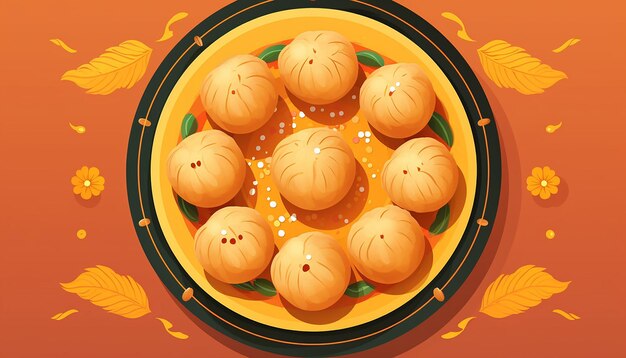 Foto estilo de ilustração vibrante plano de laddu indiano vista superior