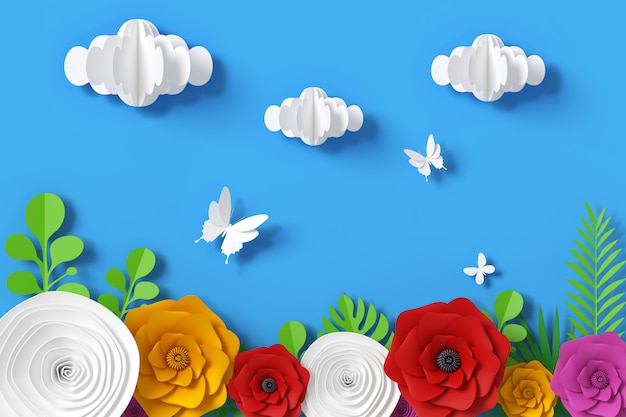 Estilo de papel de flor e céu, renderização em 3d