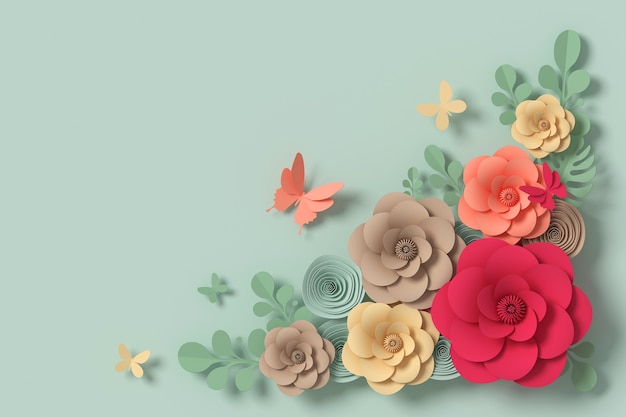 Estilo de papel de flor, papel artesanal floral, borboleta papel voar, renderização em 3d