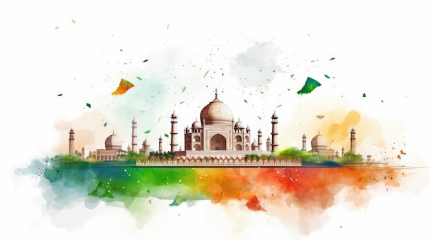 Estilo de pintura Taj Mahal e cores da bandeira no fundo branco Dia da Independência da Índia Generative ai