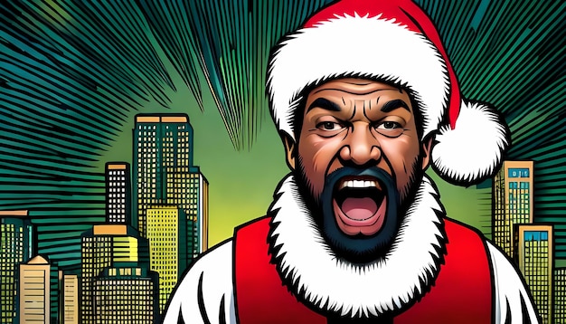 Estilo de quadrinhos surpreendeu homem com chapéu de Papai Noel e horizonte da cidade Ilustração de IA gerativa