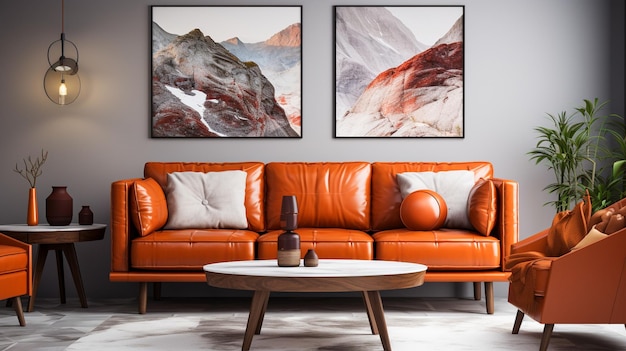 Estilo de sala de estar de decoração interior de branco geométrico minimalista e laranja escuro