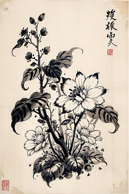 Estilo de tinta de aquarela chinesa Pintura de flores antigas Colecção de flores de um ramo Exposição de arte