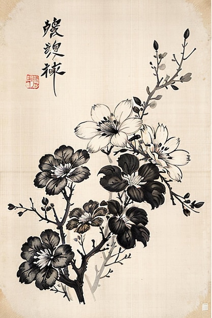 Estilo de tinta de aquarela chinesa Pintura de flores antigas Colecção de flores de um ramo Exposição de arte