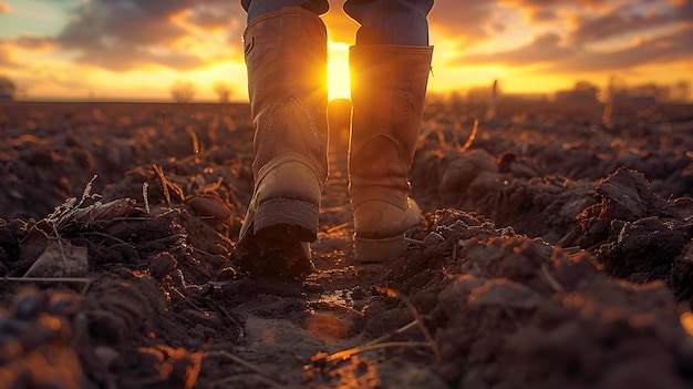 Estilo de vida agrícola silhuetada Botas Farmer39s Caminhando por um campo escuro ao pôr do sol Conceito Estilo de Vida Agrícola Botas Farmers Silhuetada Campo escuro Pôr do sol