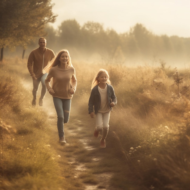 Foto estilo de vida ao ar livre, costas, natureza, campo, criança, família, mãe, pai, verão, ia generativa