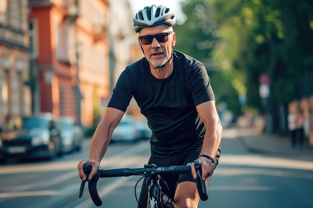 Estilo de vida ativo Ciclista maduro em tee preto