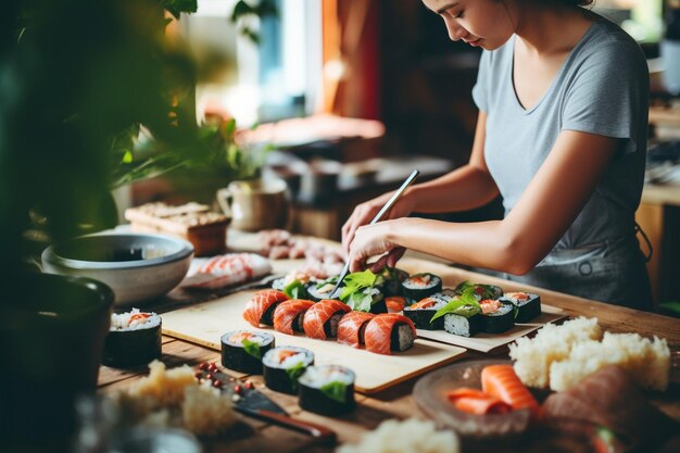 Foto estilo de vida das pessoas que pedem sushi em casa