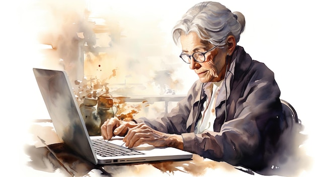 Estilo de vida de pessoas idosas conceito Mulher madura sentada à mesa com laptop Freelance online