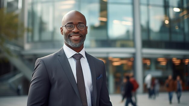 Estilo de vida de retrato de negócios masculino Adultos sorridente empresário afro-americano de sucesso em terno gerente ou funcionário de escritório de pé ao ar livre contra fundo de arranha-céu