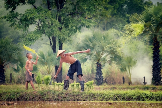 Estilo de vida do povo do sudeste asiático no campo rural tailândia, além de e filho