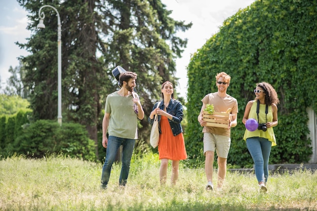 Estilo de vida. grupo de jovens alegres com violão comendo bola, caminhando no piquenique no parque verde em dia ensolarado