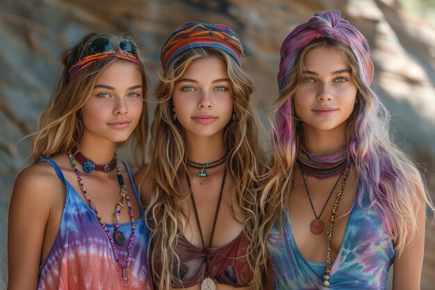 Foto estilo de vida hippie nos anos 60 anos 70 anos abraçando individualidade roupas coloridas vida despreocupada alegre